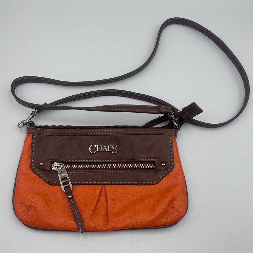 Chaps Crossbody Bag Orange Brown Faux Leather Silver Hardware Pink Lining Small